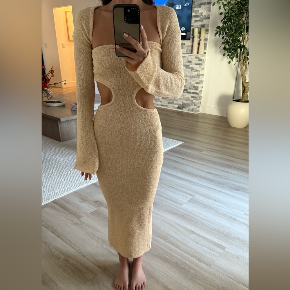 Alba Beige Long Sleeve Knit Maxi Dress